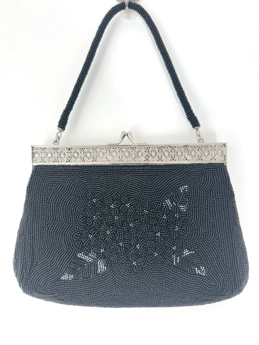 vintage micro hand-beaded black floral evening handbag